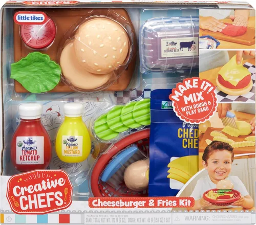 Little Tikes Creative Chefs - Kit de hamburguesa con queso y papas fritas con 22 accesorios, juego de cocina para niños y niñas a partir de 3 años