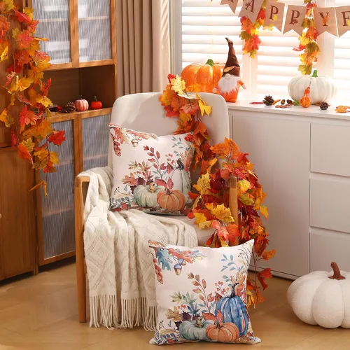 Miniatura 5 de DFXSZ Fundas de almohada de otoño de 16 x 16 pulgadas, juego de 2 fundas decorativas de otoño de hojas caídas de calabaza en acuarela azul y verde
