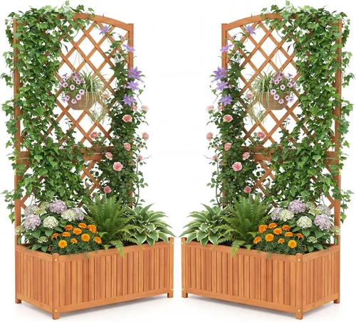 Miniatura 10 de S AFSTAR Cama de jardín elevada con enrejado, maceta elevada de madera con techo colgante y enrejado trepador, 4 agujeros de drenaje, contenedor