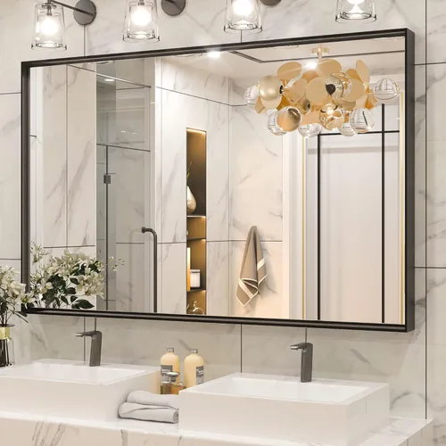 Keonjinn - Espejo con Marco Negro para Baño de 48 x 30 Pulgadas, Espejo Grande de Baño con Marco de Metal Negro Mate, Rectangular, para Pared, con