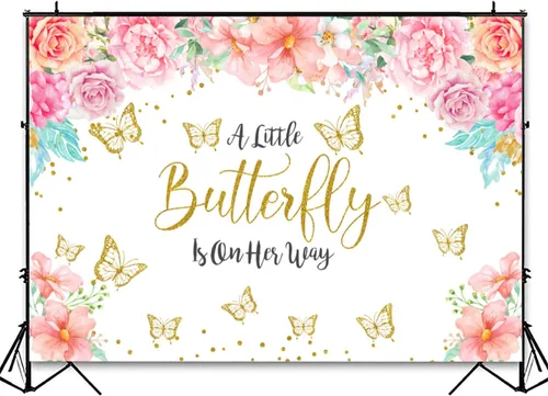 Miniatura 3 de Telón de fondo de mariposa para baby shower, con texto en inglés "A Little Butterfly is On Her Way", fondo de baby shower, fondo de mariposa floral
