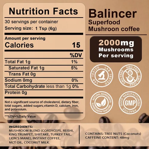 Miniatura 2 de Café de Hongos, 6 Hongos Adaptogénicos (Melena de León, Cordyceps, Cola de Pavo y Otros) Mezclados con Café Instantáneo Premium para Concentración