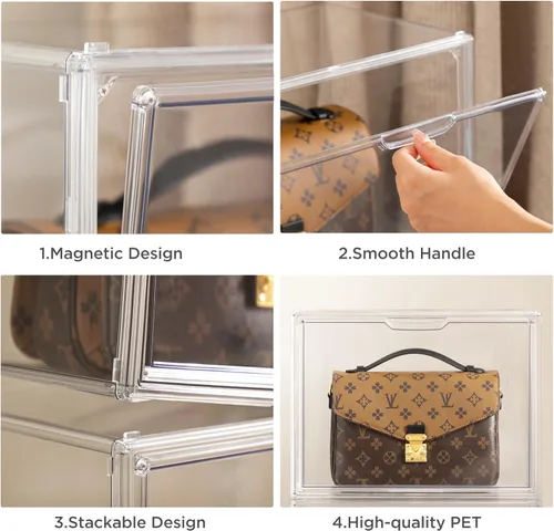 Miniatura 28 de HBlife Paquete de 3 organizadores de almacenamiento de bolsos para armario, caja de exhibición mediana transparente apilable con puerta magnética