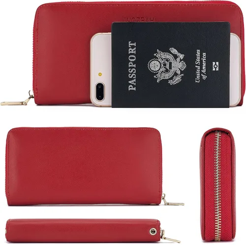 Miniatura 4 de WOZEAH - Cartera de piel sintética con cremallera y bloqueo RFID para mujer, ideal para viajar
