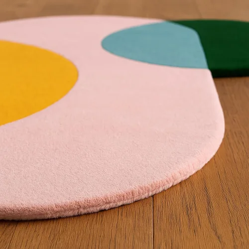 Miniatura 3 de Restoration and Renovation Alfombra de área de forma irregular con círculos geométricos – Alfombra moderna copetuda a mano 100% lana para sala