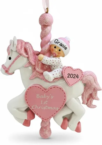 Adorno personalizado para la primera Navidad del bebé, exquisito adorno de carrusel de bebé rosa con nombre del bebé, decoración personalizada para