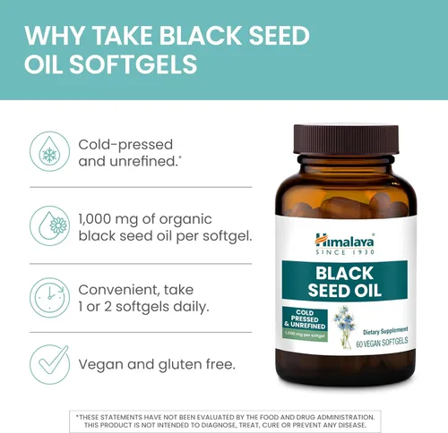 Miniatura 4 de Himalaya Cápsulas Blandas de Aceite de Semilla Negra, Aceite de Semilla Negra Prensado en Frío y Sin Refinar para el Bienestar, Sin OGM, Vegano, Sin