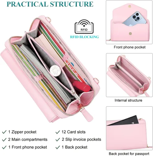 Miniatura 3 de Peacocktion Cartera para mujer con RFID, cartera cruzada de gran capacidad, 2 correas