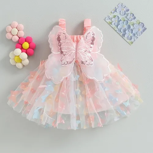 Miniatura 2 de Vestido de mameluco para bebé niña, sin mangas, espalda de mariposa, 3D, capas de mariposa, vestido formal de princesa para fiesta