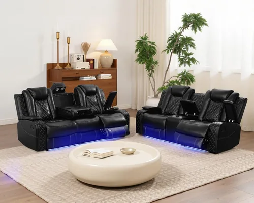 Miniatura 18 de Juego de sofá reclinable eléctrico con LED, juego de sofá de cuero transpirable para sala de estar, juego de sofá reclinable con puerto USB, Negro