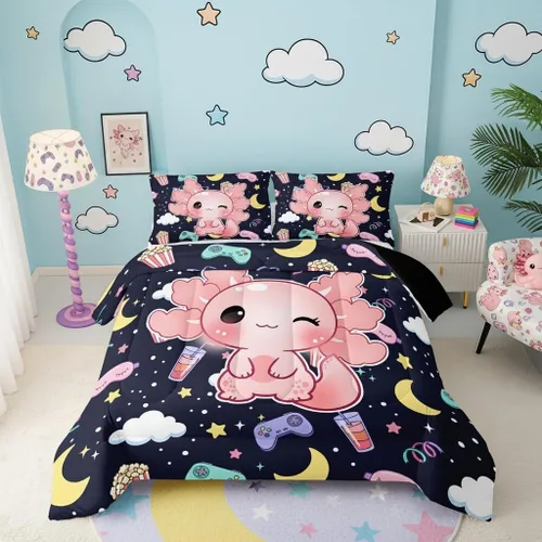 Miniatura 38 de QOOMO Juego de edredón de 3 piezas con diseño de mariposa de dibujos animados, tamaño individual, bonito juego de ropa de cama con lazo