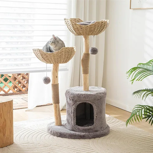Moderno árbol para gatos de interior para adultos grandes, torre de madera para gatos grandes de 46.5 pulgadas de alto para gatos grandes con poste
