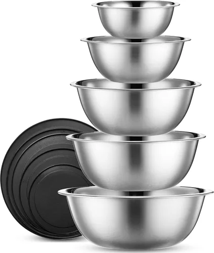 WHYSKO - Juego de cuencos de mezcla de acero inoxidable, juego de 10 piezas de cuencos de acero inoxidable con tapas para preparación de alimentos,