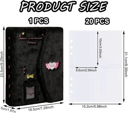 Miniatura 4 de Carpeta A5 Kpop - Álbum de fotos de felpa con 20 fundas interiores de 3 pulgadas para álbum de fotos en hojas sueltas, rellenable, 6 anillos, Negro