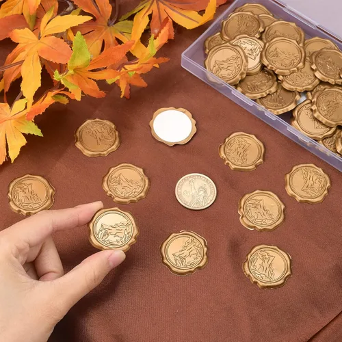 Miniatura 3 de CRASPIRE 60 calcomanías adhesivas de cera para sellar – Sello de montaña autoadhesivo dorado vintage calcomanías para sobres para tarjetas