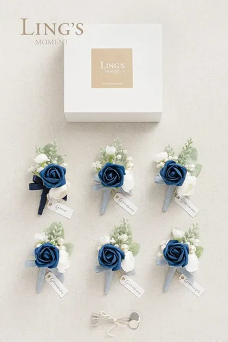 Miniatura 4 de Ling's Moment Paquetes de flores de boda prearreglados en azul polvoriento y azul marino, paquete de boutonnieres y ramilletes de muñeca