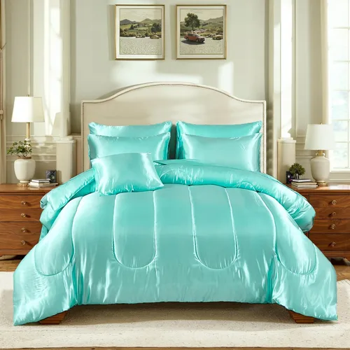 Miniatura 25 de Bedding_Dreamer Juego de edredón sedoso negro de satén en una bolsa, 8 piezas de ropa de cama sedosa de hotel de lujo con 1 edredón, 1 sábana