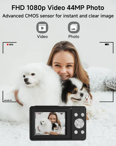 Miniatura 2 de Cámara digital para niños, FHD 1080P 44MP Cámara digital de punto y disparo con detección de rostros, captura de sonrisas, zoom 18X, 20 filtros
