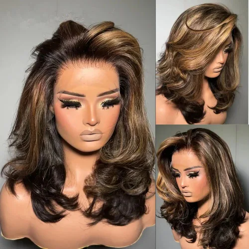 #1B/4/27 - Pelucas de cabello humano corto ondulado en capas con reflejos degradados 13x4 HD transparente con encaje frontal, pelucas de cabello