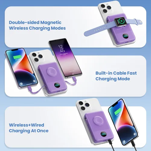 Miniatura 27 de Cargador portátil magnético de 10800 mAh para iPhone con cables integrados, cargador de batería inalámbrico 6 en 1 con cargador iWatch, pantalla LCD