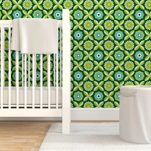 Miniatura 6 de Papel tapiz para despegar y pegar, diseño retro verde con diseño de flores vintage botánicas de los años 70 y 1960 Spoonflower