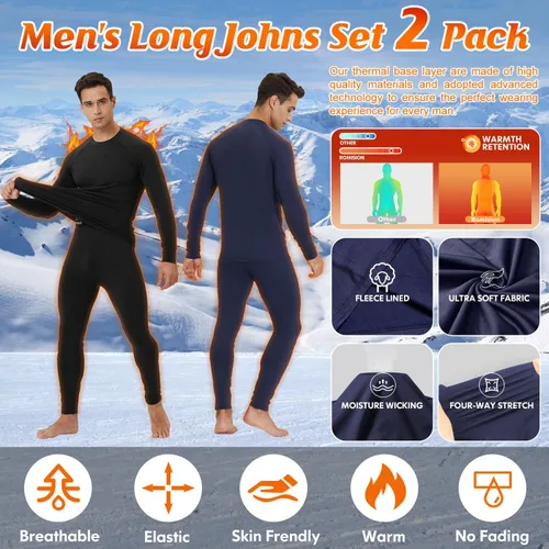 Miniatura 3 de CL convallaria 2 Pack Thermal Underwear for Men - Warm Fleece Lined Long Johns - Winter Gear Base Layer Tops & Bottoms Set