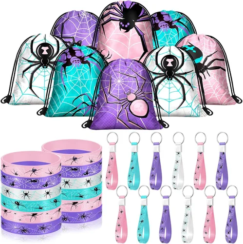 Miniatura 9 de Lothee 32 piezas de telaraña, decoración de fiesta de cumpleaños de telaraña, bolsa con cordón, bolsas de golosinas con pulseras de goma, llavero