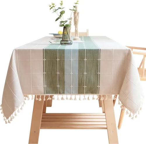 Miniatura 10 de Mantel rústico bordado con borla, lino de algodón sin arrugas, antidecoloración, lavable, a prueba de polvo, para comedor, cocina, fiesta, Azul