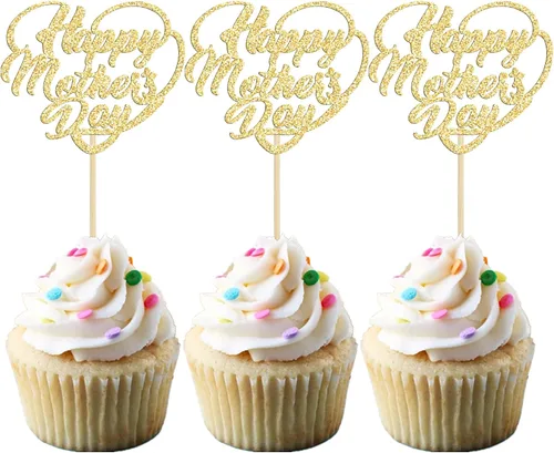 Miniatura 21 de Gyufise 1 pieza de decoración de pastel para el Día de la Madre con purpurina de corazón Love You Mom Cake Pick Rose Flower Best Mom Cupcake Decor
