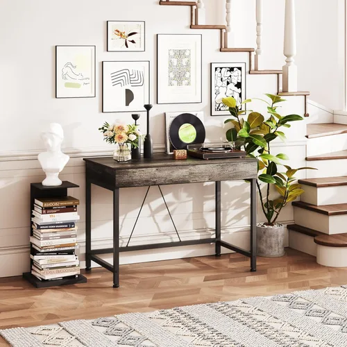 Miniatura 7 de Mexin Escritorio pequeño con 2 cajones de madera, escritorio de escritura para oficina en casa de 40 pulgadas, escritorio de tocador con Roble gris