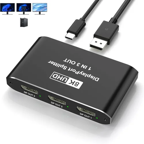 Miniatura 9 de Divisor DisplayPort 1 en 3 salidas, divisor de puerto de pantalla para monitores triples, compatible con DSC de 8K a 60Hz y modo extendido/espejo 4K