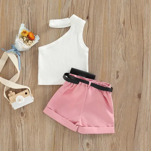 Miniatura 152 de TheFound Trajes de verano para niñas pequeñas, sin mangas, de punto acanalado, halter, pantalones cortos, ropa para recién nacidos, conjunto de 3