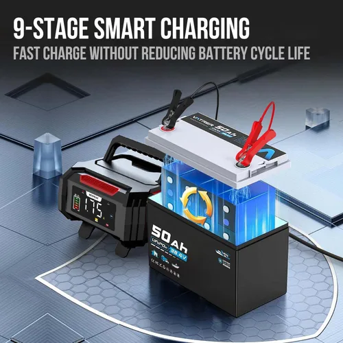 Miniatura 5 de NEXPEAK Cargador de batería de 15 A, cargador de goteo de 12 V/24 V, cargador de batería inteligente LiFePO4 de 9 etapas, mantenedor de batería