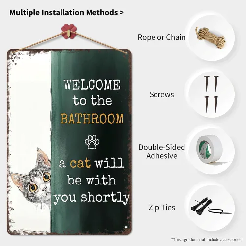 Miniatura 3 de Letrero de gato con texto en inglés "A Cat Will Be With You Shortly" - Placa de metal retro para decoración de baño, 8 x 12 pulgadas Bienvenido al