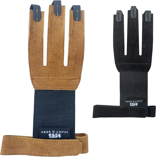 Miniatura 6 de Hunt & Seek Guante de tiro con arco - Guantes de caza de cuero de gamuza para arco recurvo y compuesto - Protector de tres dedos unisex Negro