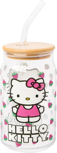 Miniatura 21 de Silver Buffalo Sanrio - Vaso de vidrio rosa con tapa de bambú y sorbete de vidrio de Hello Kitty, 16 onzas Hello Kitty Agitando