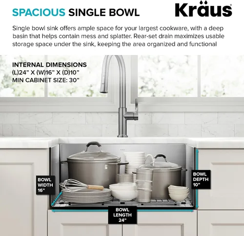 Miniatura 7 de Kraus Standart PRO - Fregadero de cocina empotrado con tazón individual de acero inoxidable, calibre 16, de 26 pulgadas, KHU100-26