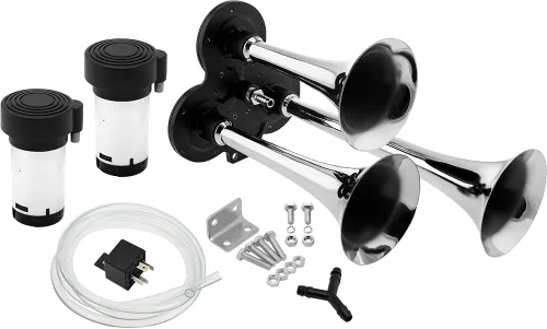 Vixen Horns Kit de bocina de tren para camiones/coche/motocicleta. Sistema completo con compresor de aire dual, 3 trompetas. Db súper ruidoso. Se