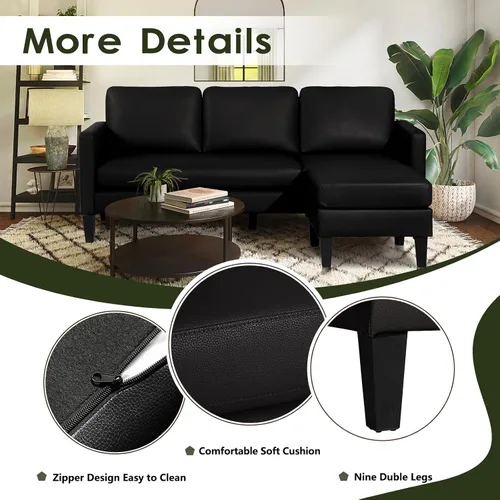 Miniatura 5 de Sofá modular convertible de cuero en forma de L con diván reversible, moderno sofá modular de 3 plazas para sala de estar, espacios pequeños
