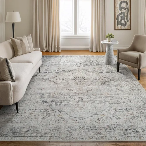 Miniatura 14 de Bloom Rugs Caria Alfombra Lavable Antideslizante de 7 pies - Azul/Carbón Alfombra Tradicional para Entrada, Pasillo, Baño y Cocina - Tamaño Exacto