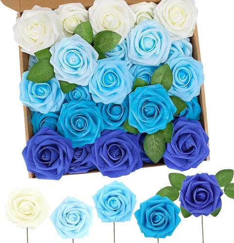 N&T NIETING Rosas Azules Flores Artificiales, 50pcs Flores Falsas Rosa Perfectas para Manualidades Boda Dama de Honor Ramos Nupciales Centros de