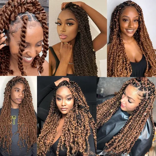 Miniatura 5 de Cabello Passion Twist de 18 pulgadas, cabello de ganchillo ondulado marrón para mujeres, cabello largo bohemio sintético rizado para trenzar Passion