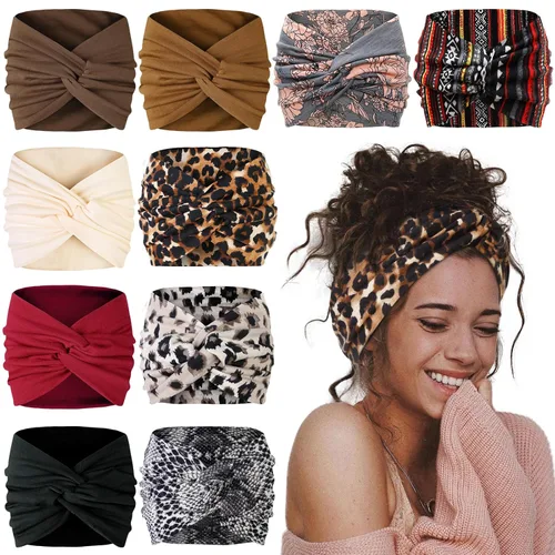 AKTVSHOW Diademas de 7 pulgadas de ancho para mujer, paquete de 10 diademas grandes estilo turbante bohemio a la moda, bandas para el cabello