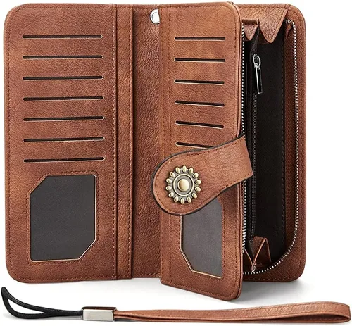 Miniatura 4 de BROMEN Billeteras de cuero para mujer, cartera grande de mano para teléfono, 1- marrón , Casual
