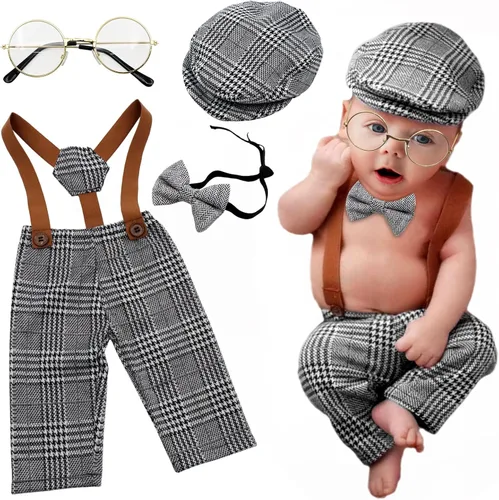Miniatura 8 de 4 piezas de accesorios para fotos de bebé recién nacido, overol de celosía, pantalones con tirantes con boina, gafas de pajarita para disfraces