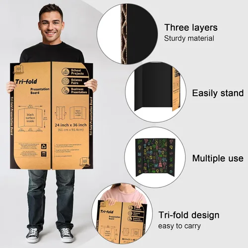 Miniatura 3 de IKAYAS - Paquete de 4 tableros de póster triples de 48 x 36 pulgadas, tableros de póster negros de IKAYAS para feria de ciencias, tableros