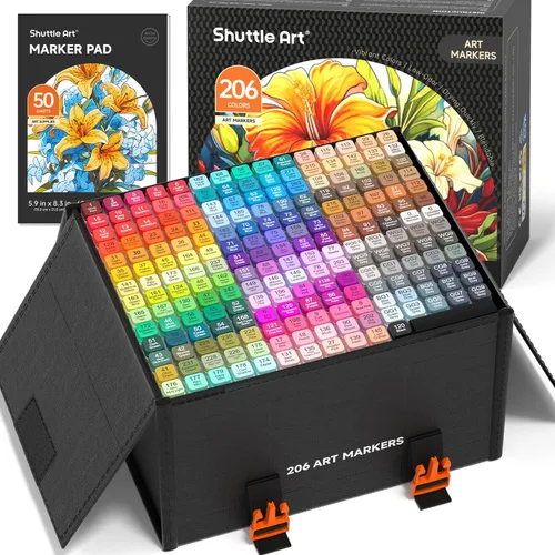 Shuttle Art Marcadores de alcohol de 206 colores, juego de marcadores artísticos de doble punta de 204 colores más 2 licuadoras incoloras, 205
