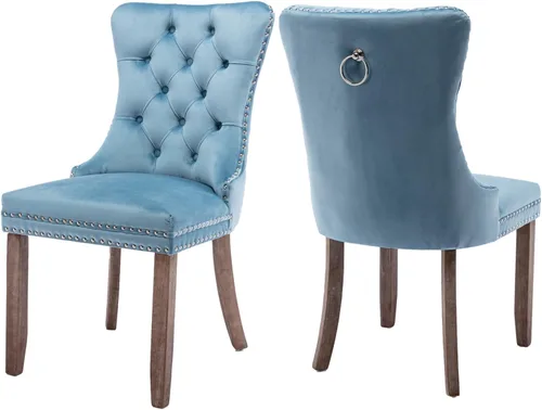 Miniatura 77 de Juego de 2 sillas de comedor de terciopelo, silla de comedor tapizada de alta gama con tirador de anillo en la espalda, adorno de clavos y patas