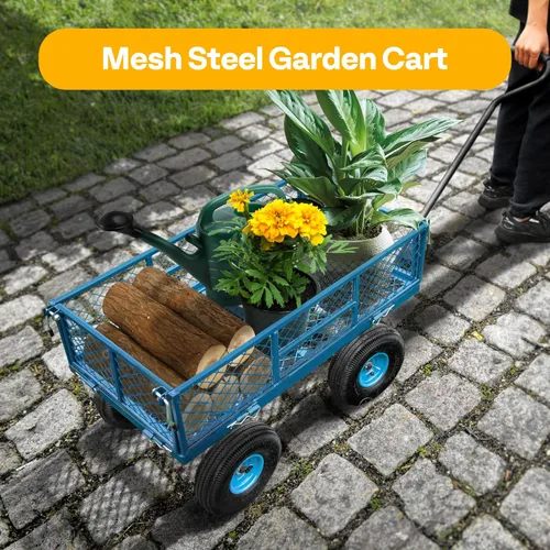 Miniatura 2 de VIVOHOME Carrito de Jardín de Acero con Malla de Servicio Pesado con Capacidad de 880 Libras, Vagón Utilitario Plegable con Lados Removibles y Azul