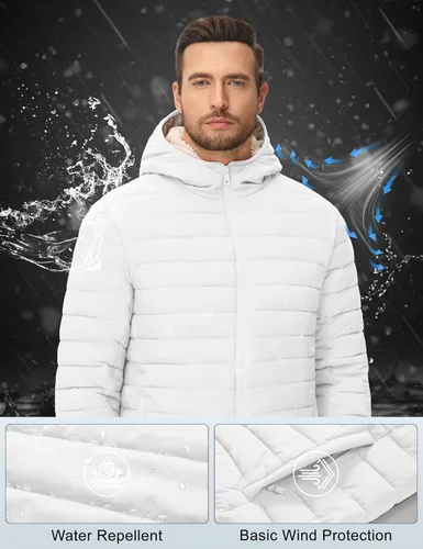 Miniatura 25 de MAGCOMSEN Chaqueta acolchada para hombre con capucha, forro de vellón, chaqueta térmica resistente al agua, chaqueta de plumón con cremallera